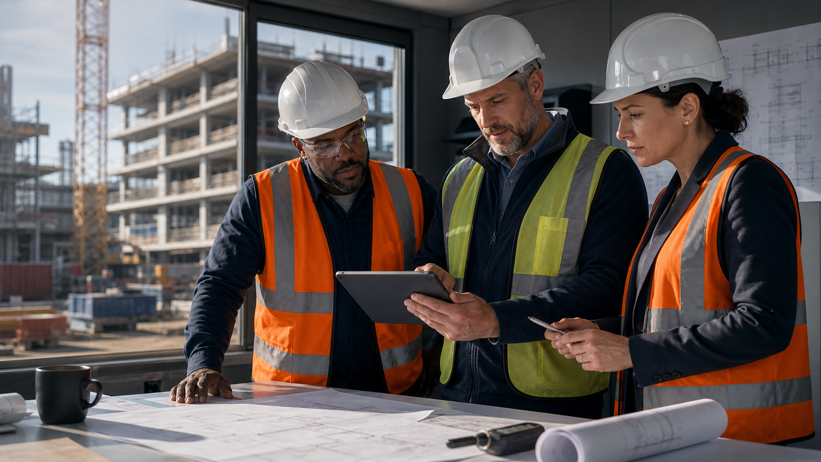 Construction professionals reviewing project information together